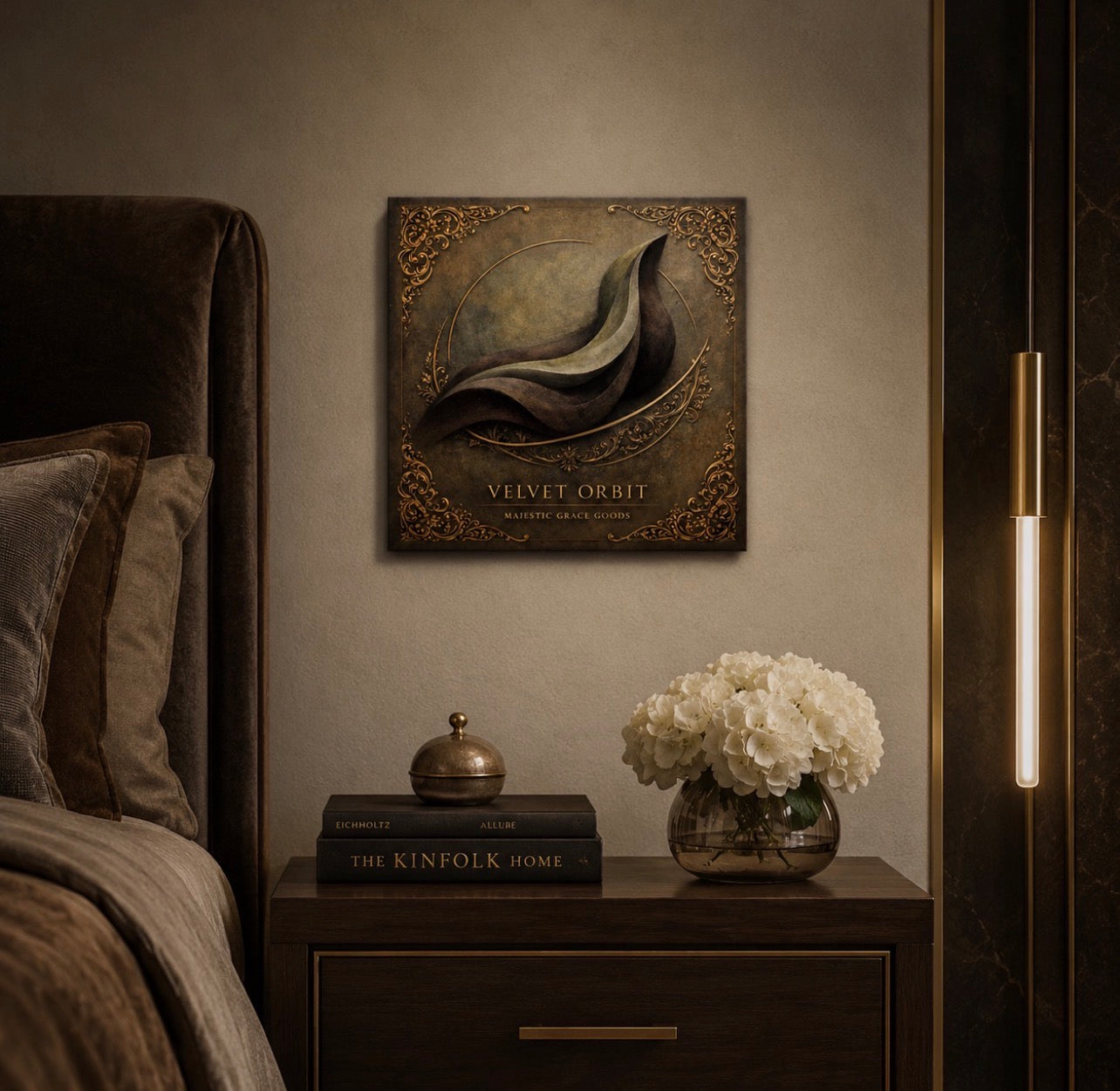 Velvet Orbit Abstract Canvas Art, Modern Gold Brown Designer Artwork