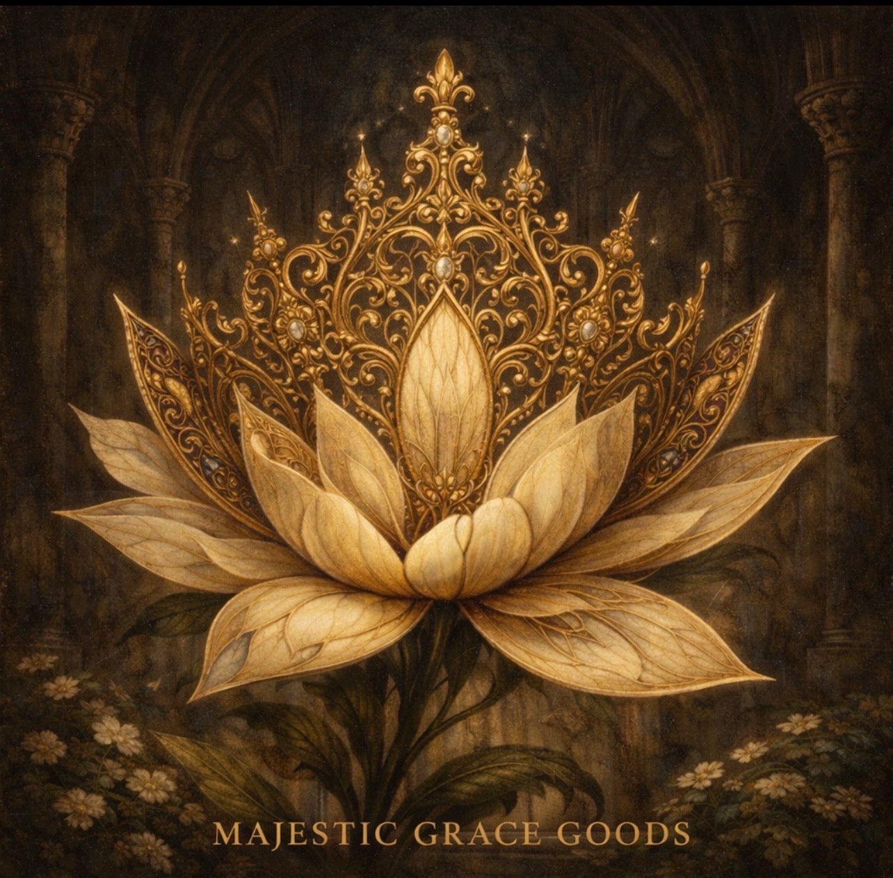 Golden Lotus Crown Canvas Wall Art, Luxury Floral Canvas Print, Elegant Neutral Beige and Gold Wall Decor