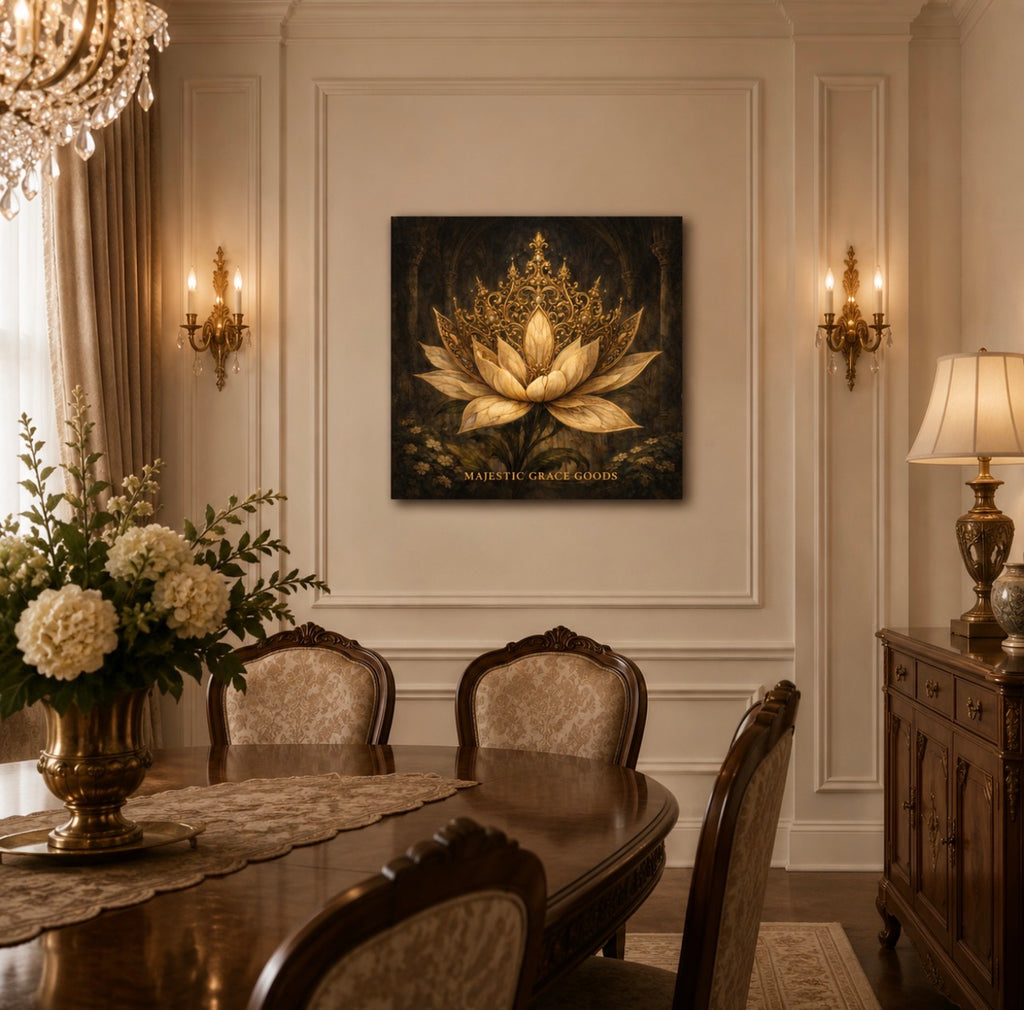 Golden Lotus Crown Canvas Wall Art, Luxury Floral Canvas Print, Elegant Neutral Beige and Gold Wall Decor