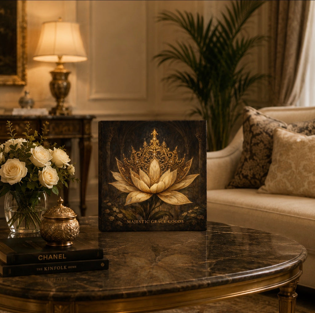 Golden Lotus Crown Canvas Wall Art, Luxury Floral Canvas Print, Elegant Neutral Beige and Gold Wall Decor