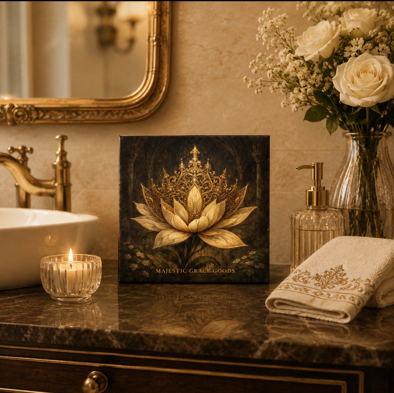 Golden Lotus Crown Canvas Wall Art, Luxury Floral Canvas Print, Elegant Neutral Beige and Gold Wall Decor