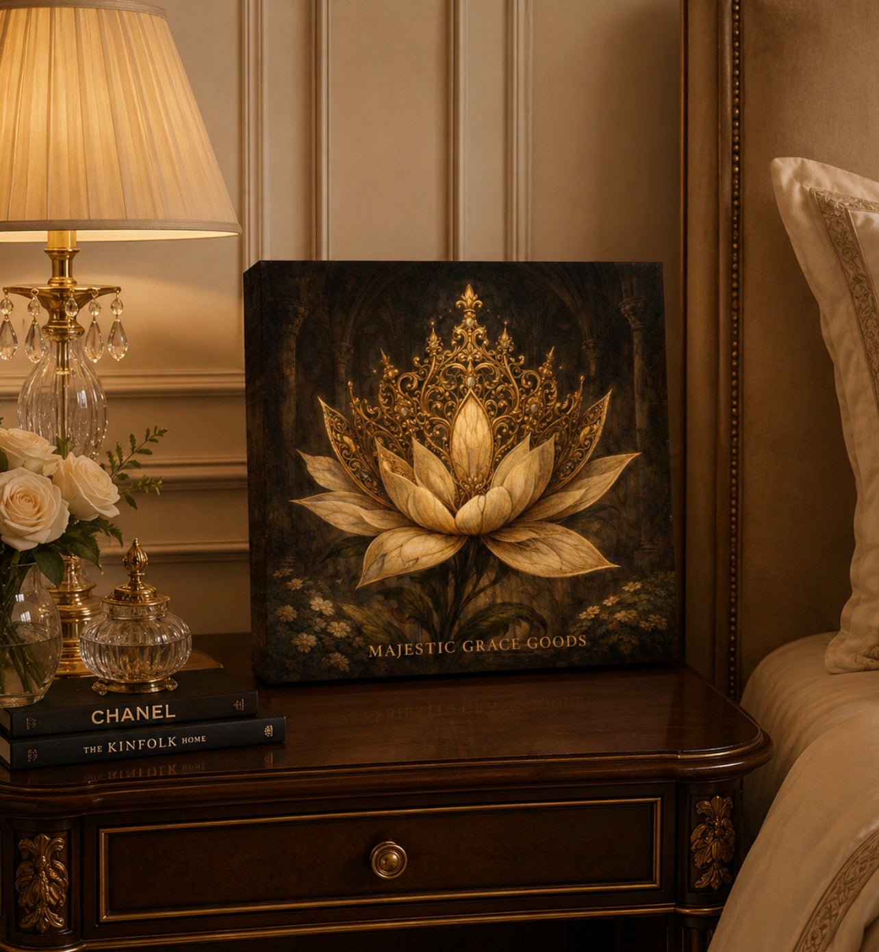 Golden Lotus Crown Canvas Wall Art, Luxury Floral Canvas Print, Elegant Neutral Beige and Gold Wall Decor