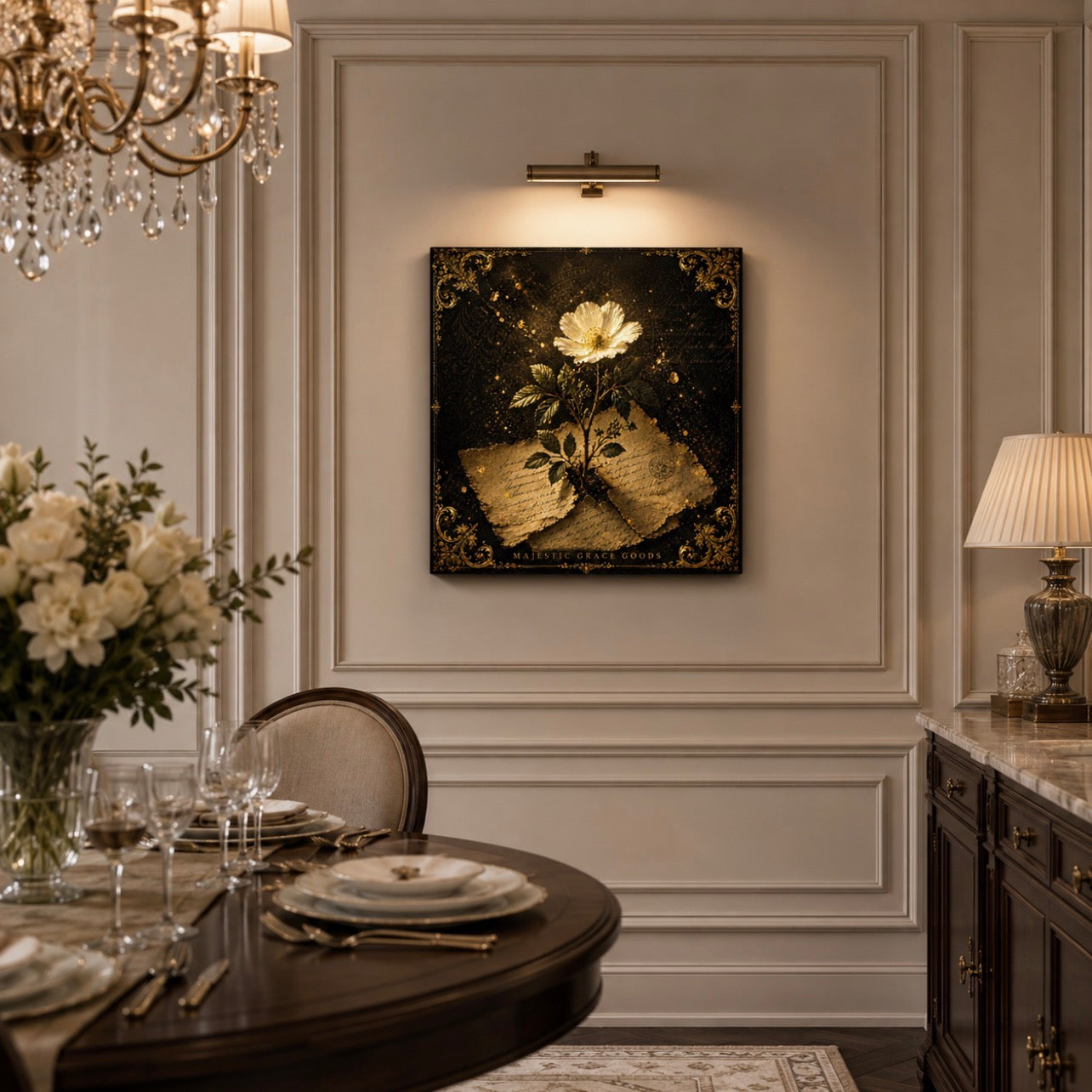 Antique Floral Parchment Canvas Wall Art, Vintage Botanical Square Artwork, Romantic Gold Elegant Wall Decor