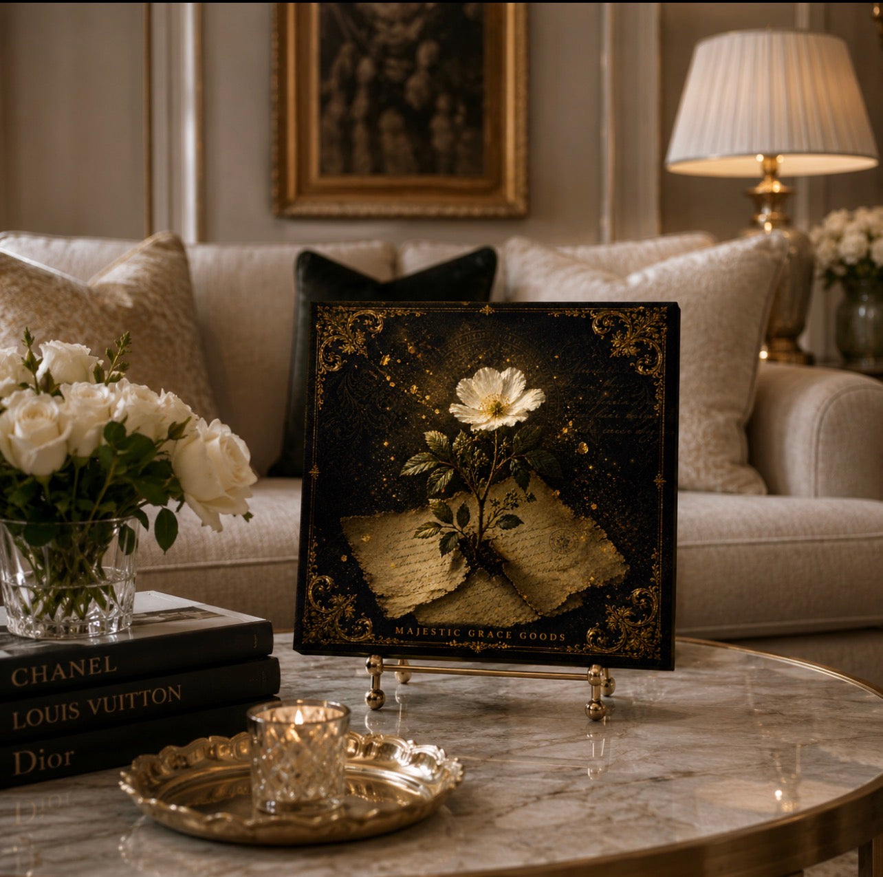 Antique Floral Parchment Canvas Wall Art, Vintage Botanical Square Artwork, Romantic Gold Elegant Wall Decor
