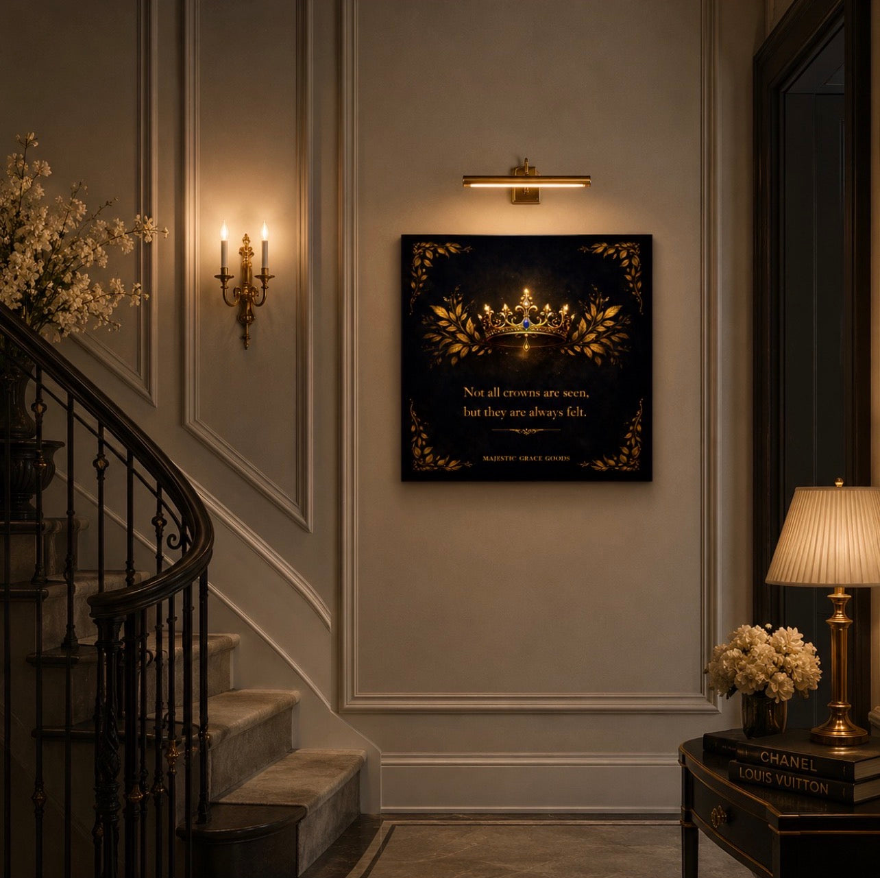 Hidden Crown Luxury Canvas Wall Art, Elegant Gold Crown Artwork, Dark Royal Decor, Square Canvas Print, Sophisticated Wall Decor