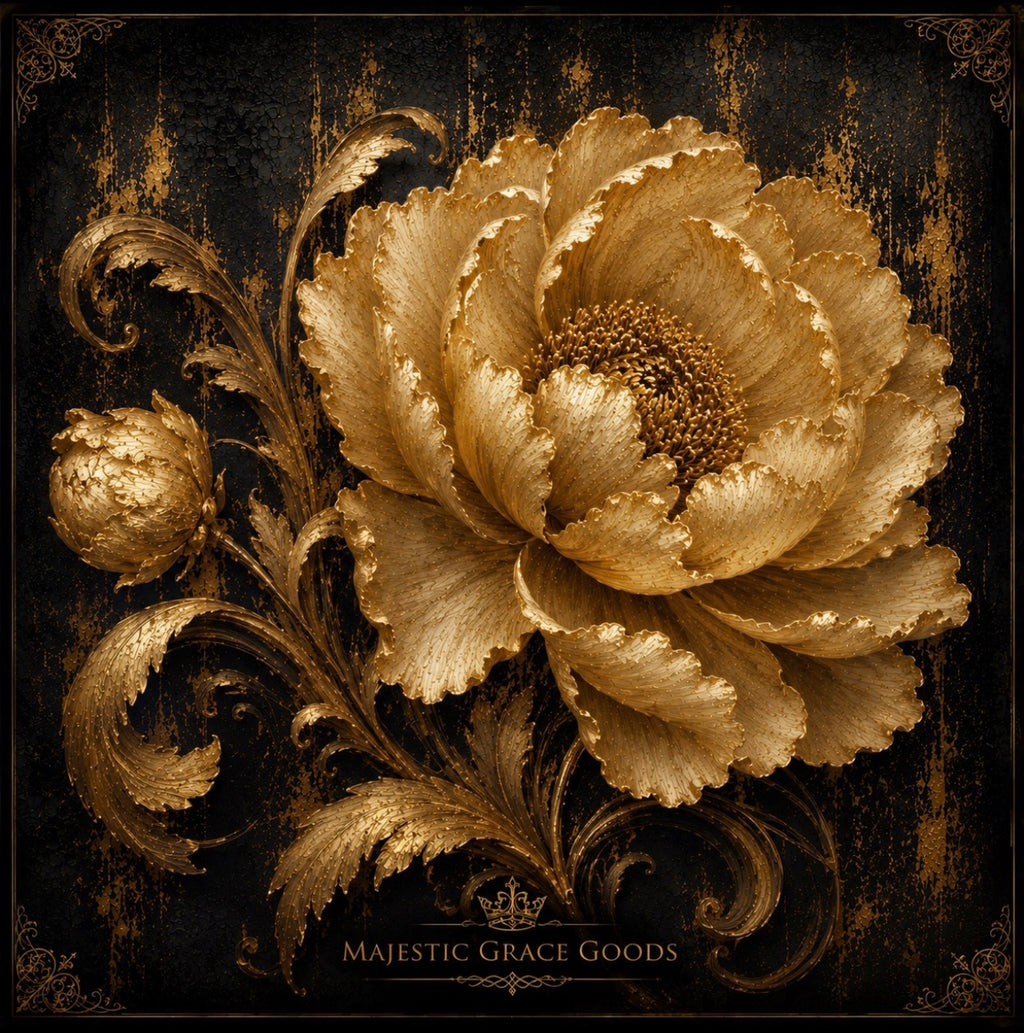 Golden Midnight Bloom Canvas Wall Art, Luxury Gold Floral Canvas Print, Elegant Black and Gold Square Artwork, Museum Style Decor