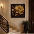 Golden Midnight Bloom Canvas Wall Art, Luxury Gold Floral Canvas Print, Elegant Black and Gold Square Artwork, Museum Style Decor