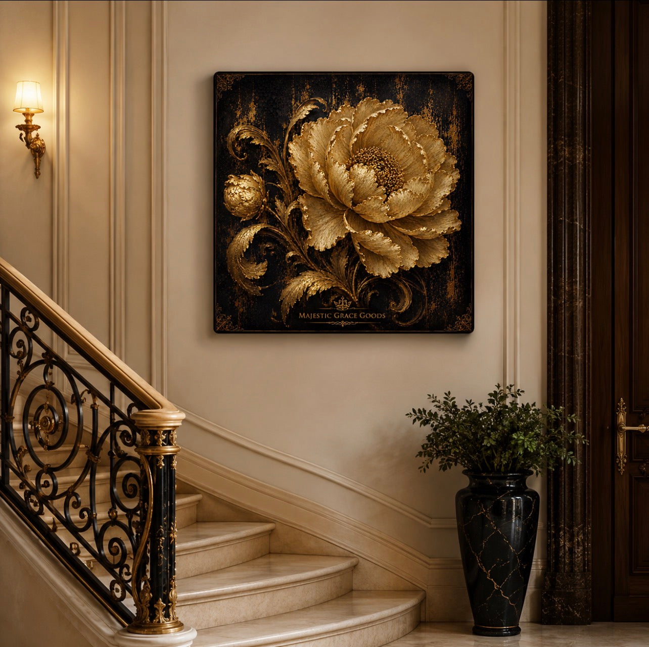 Golden Midnight Bloom Canvas Wall Art, Luxury Gold Floral Canvas Print, Elegant Black and Gold Square Artwork, Museum Style Decor
