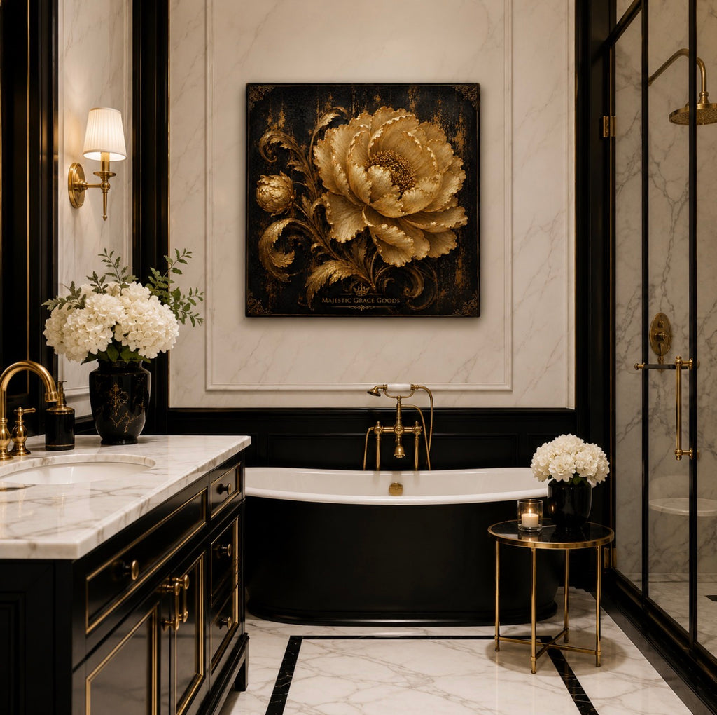Golden Midnight Bloom Canvas Wall Art, Luxury Gold Floral Canvas Print, Elegant Black and Gold Square Artwork, Museum Style Decor