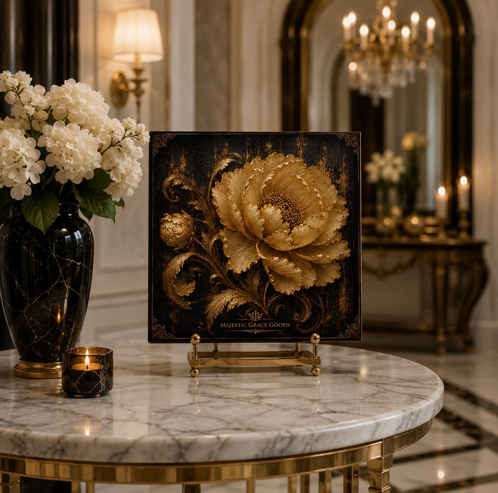 Golden Midnight Bloom Canvas Wall Art, Luxury Gold Floral Canvas Print, Elegant Black and Gold Square Artwork, Museum Style Decor