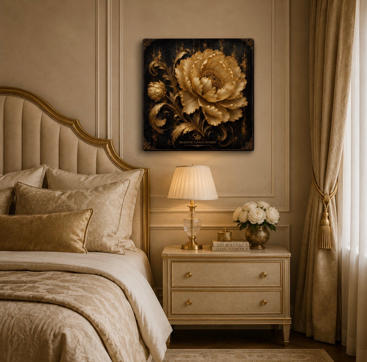 Golden Midnight Bloom Canvas Wall Art, Luxury Gold Floral Canvas Print, Elegant Black and Gold Square Artwork, Museum Style Decor