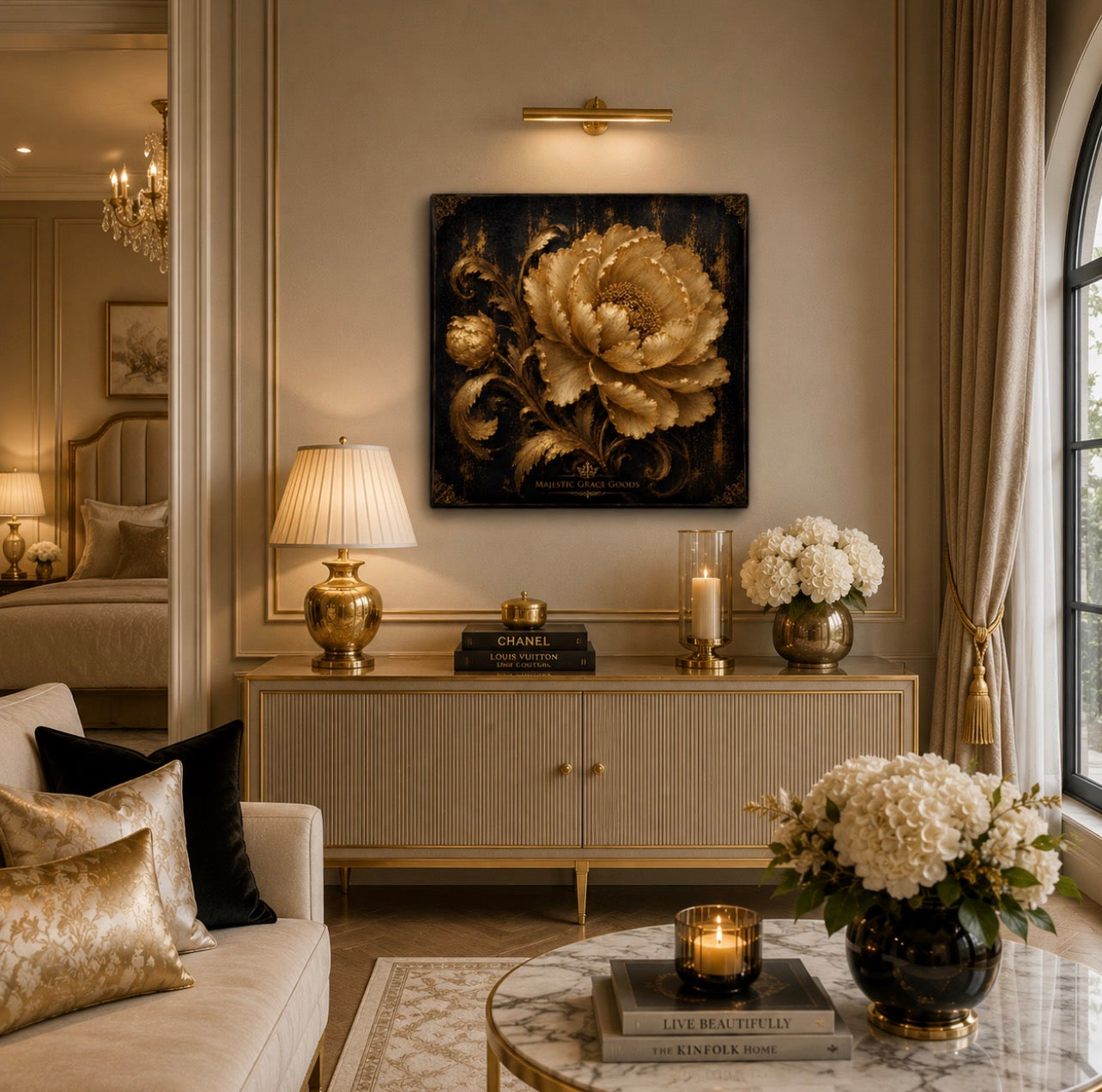 Golden Midnight Bloom Canvas Wall Art, Luxury Gold Floral Canvas Print, Elegant Black and Gold Square Artwork, Museum Style Decor
