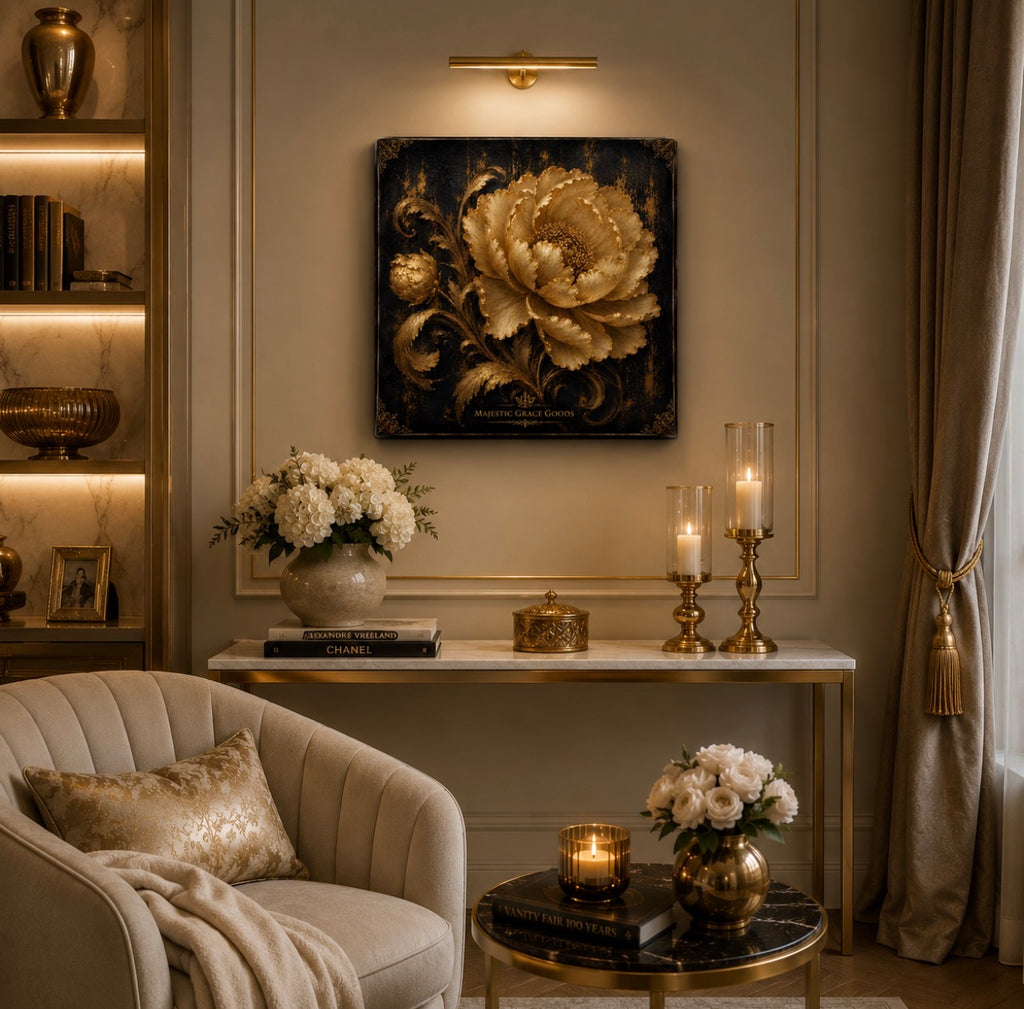 Golden Midnight Bloom Canvas Wall Art, Luxury Gold Floral Canvas Print, Elegant Black and Gold Square Artwork, Museum Style Decor