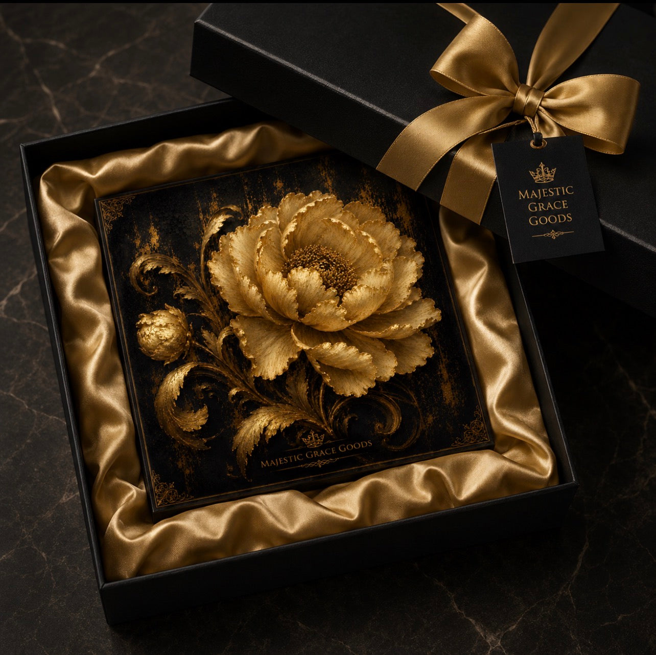 Golden Midnight Bloom Canvas Wall Art, Luxury Gold Floral Canvas Print, Elegant Black and Gold Square Artwork, Museum Style Decor