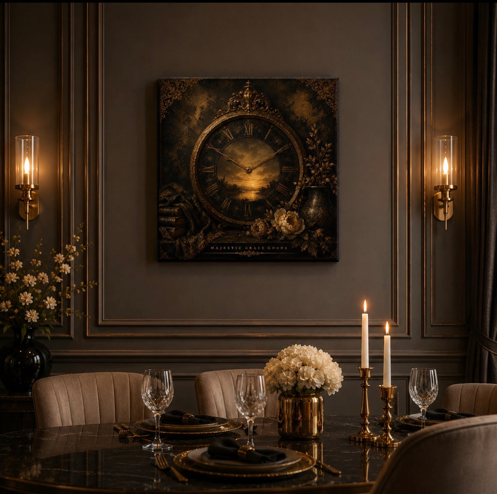 Vintage Clock Canvas Wall Art, Antique Gold Luxury Decor, Dark Academia Ready To Hang Square Canvas Print