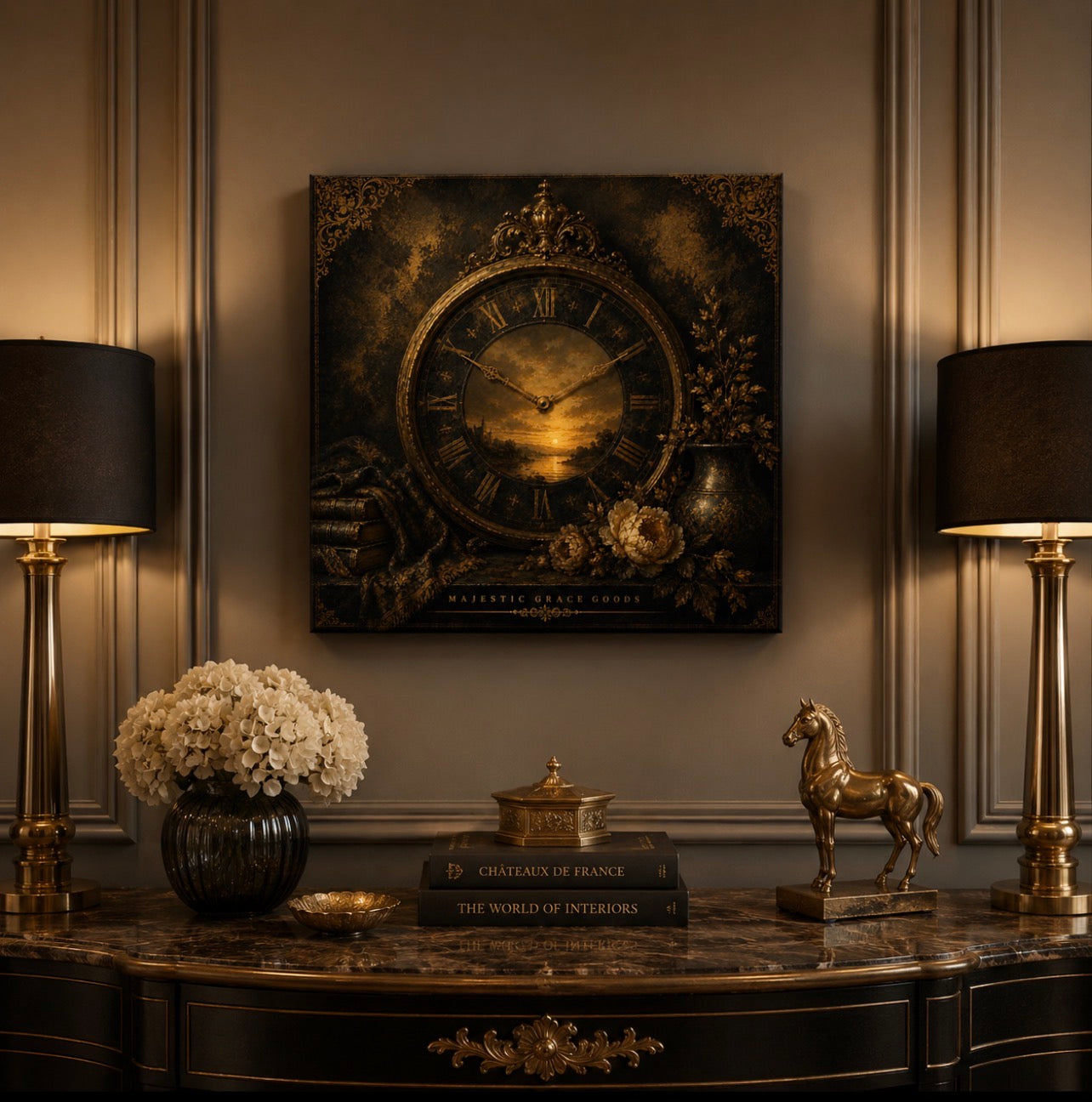 Vintage Clock Canvas Wall Art, Antique Gold Luxury Decor, Dark Academia Ready To Hang Square Canvas Print