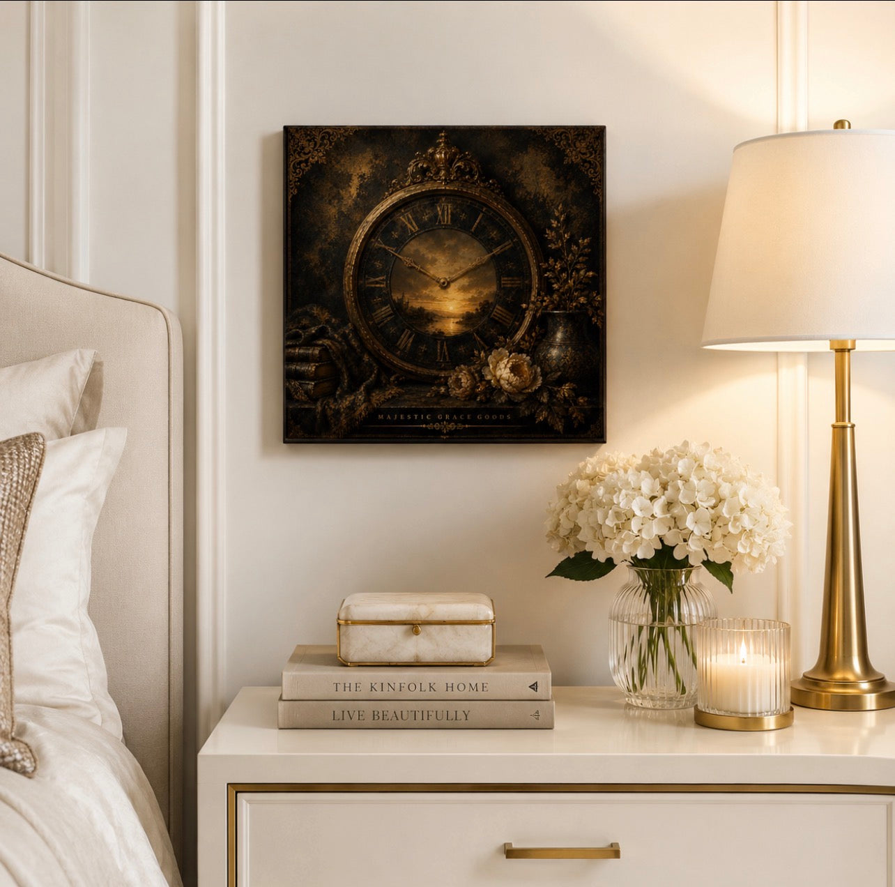 Vintage Clock Canvas Wall Art, Antique Gold Luxury Decor, Dark Academia Ready To Hang Square Canvas Print