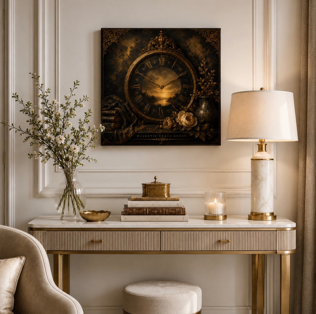 Vintage Clock Canvas Wall Art, Antique Gold Luxury Decor, Dark Academia Ready To Hang Square Canvas Print