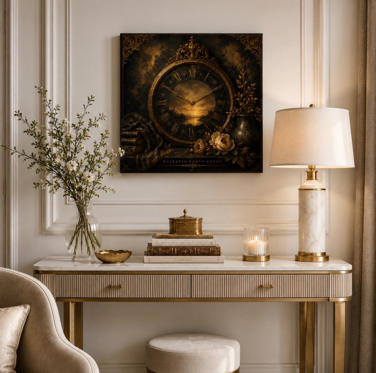 Vintage Clock Canvas Wall Art, Antique Gold Luxury Decor, Dark Academia Ready To Hang Square Canvas Print