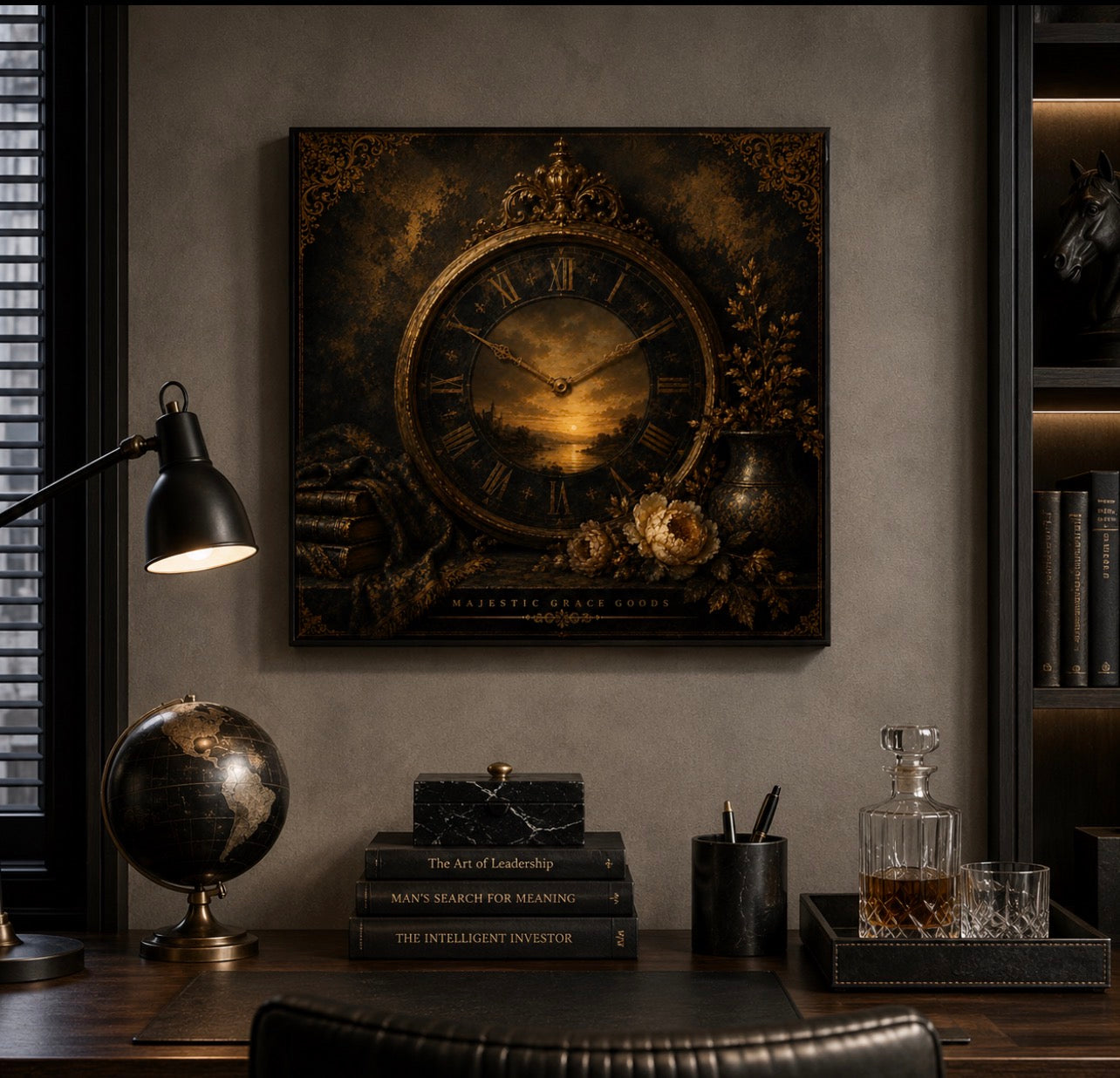 Vintage Clock Canvas Wall Art, Antique Gold Luxury Decor, Dark Academia Ready To Hang Square Canvas Print