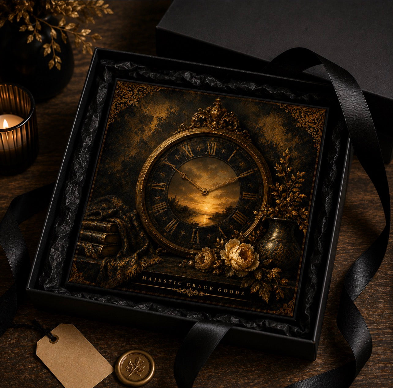 Vintage Clock Canvas Wall Art, Antique Gold Luxury Decor, Dark Academia Ready To Hang Square Canvas Print