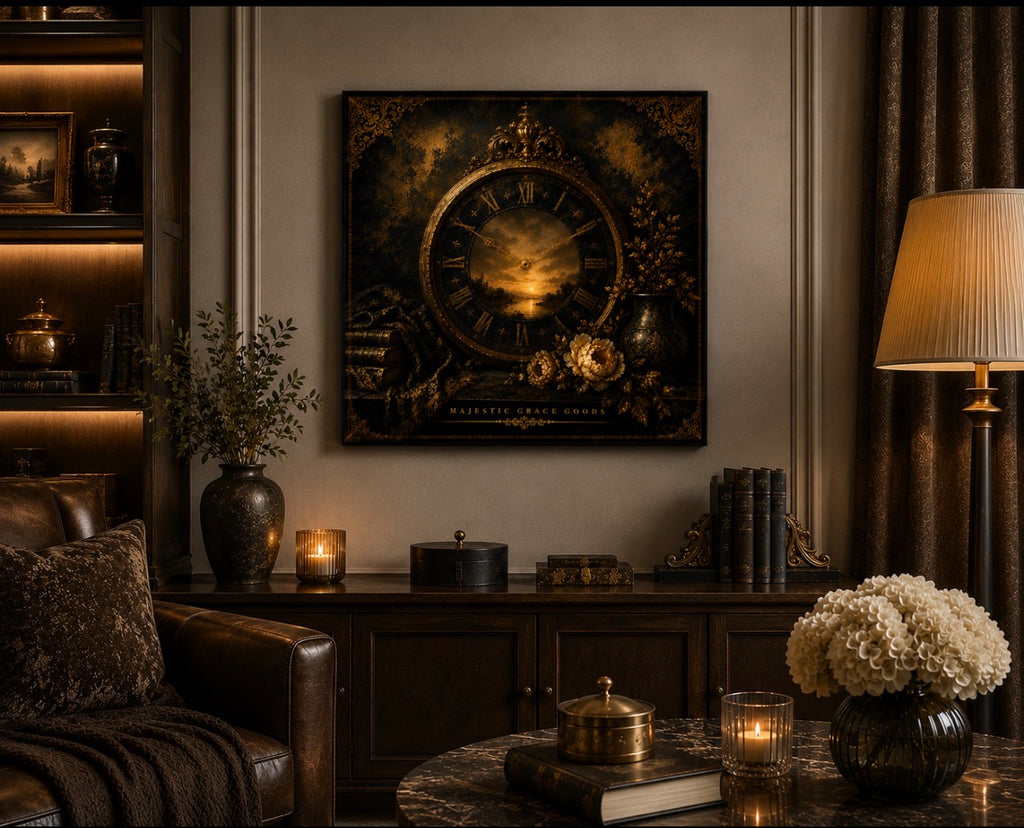 Vintage Clock Canvas Wall Art, Antique Gold Luxury Decor, Dark Academia Ready To Hang Square Canvas Print