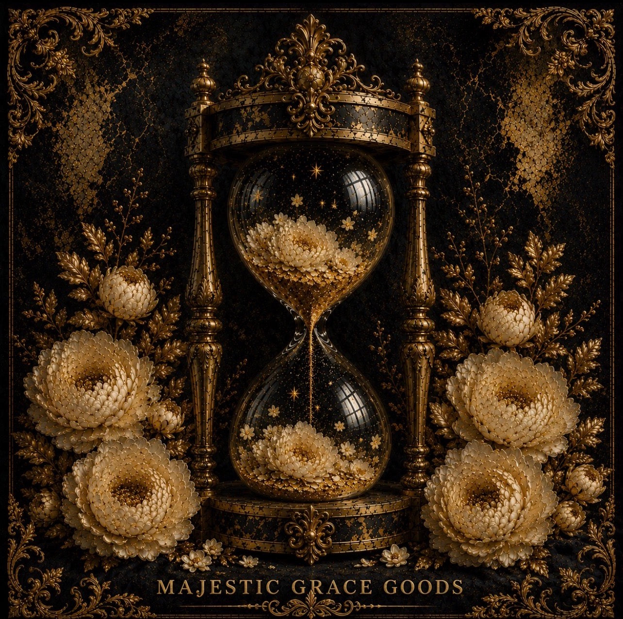 Golden Hourglass Floral Canvas Wall Art, Black Gold Luxury Wall Decor, Ready to Hang Premium Canvas Art