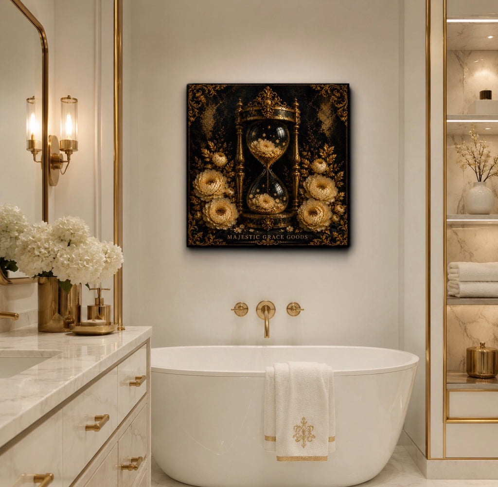Golden Hourglass Floral Canvas Wall Art, Black Gold Luxury Wall Decor, Ready to Hang Premium Canvas Art