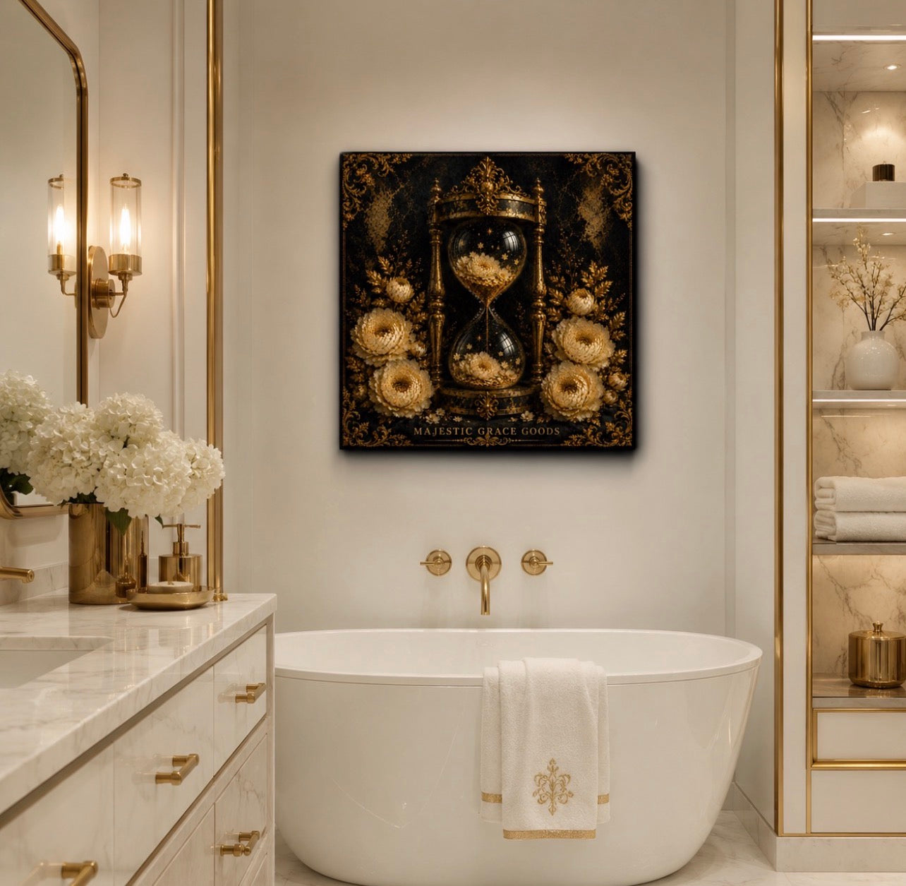 Golden Hourglass Floral Canvas Wall Art, Black Gold Luxury Wall Decor, Ready to Hang Premium Canvas Art