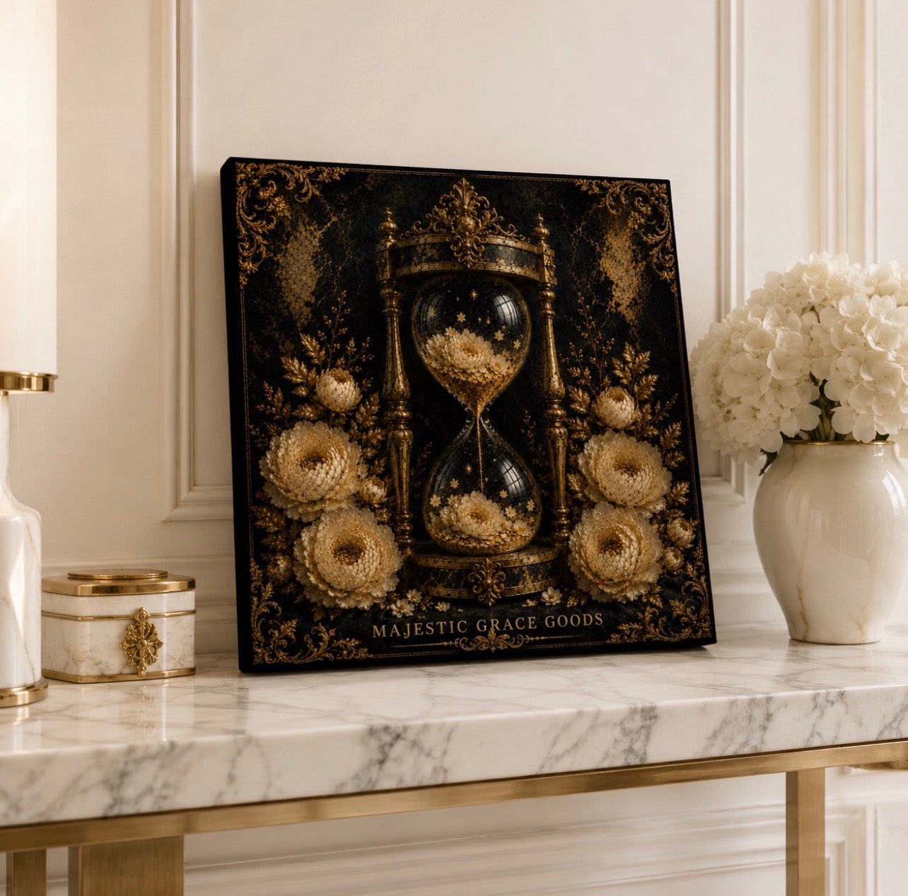 Golden Hourglass Floral Canvas Wall Art, Black Gold Luxury Wall Decor, Ready to Hang Premium Canvas Art
