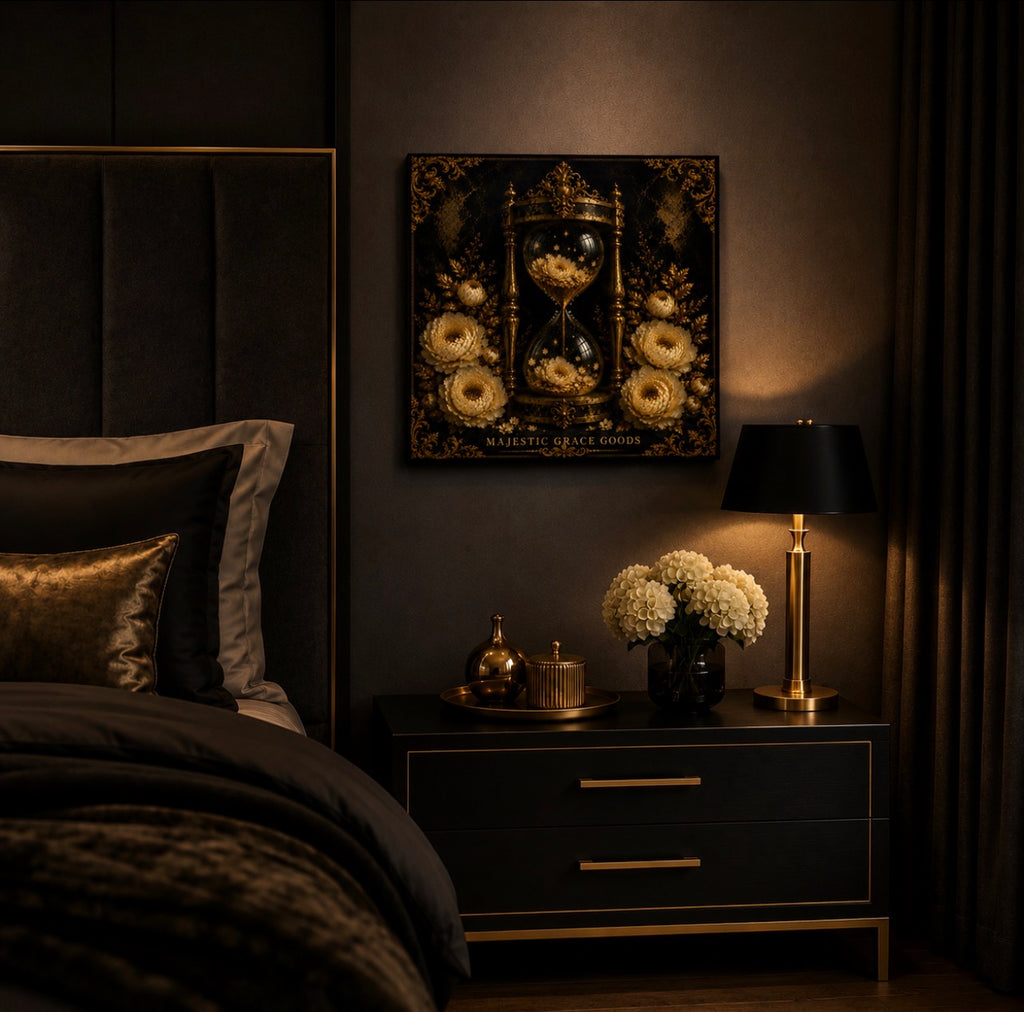 Golden Hourglass Floral Canvas Wall Art, Black Gold Luxury Wall Decor, Ready to Hang Premium Canvas Art