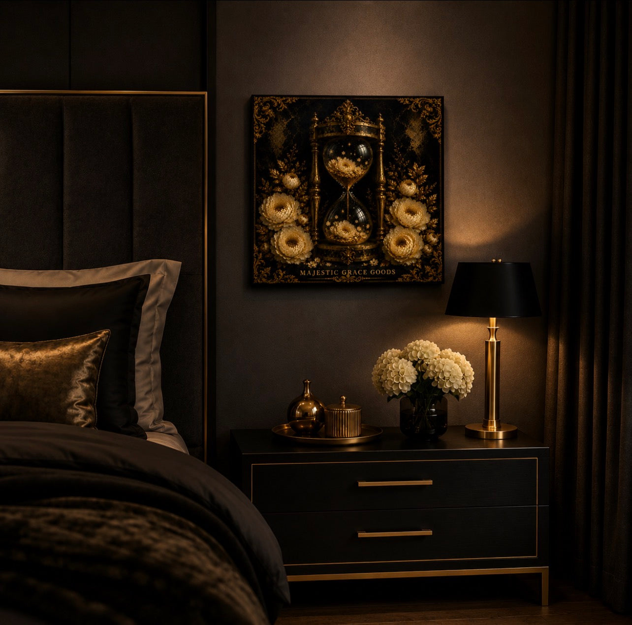 Golden Hourglass Floral Canvas Wall Art, Black Gold Luxury Wall Decor, Ready to Hang Premium Canvas Art