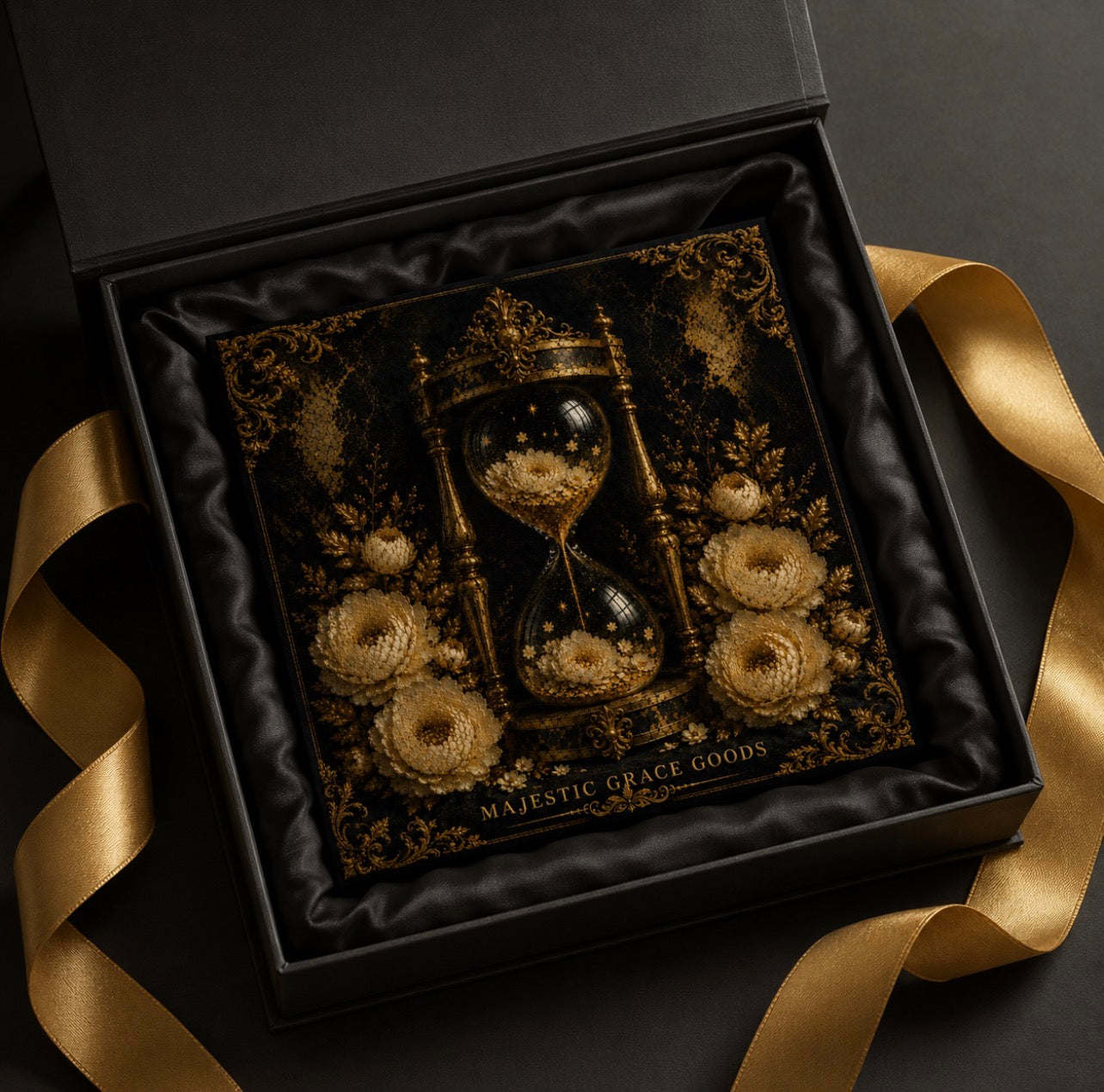 Golden Hourglass Floral Canvas Wall Art, Black Gold Luxury Wall Decor, Ready to Hang Premium Canvas Art