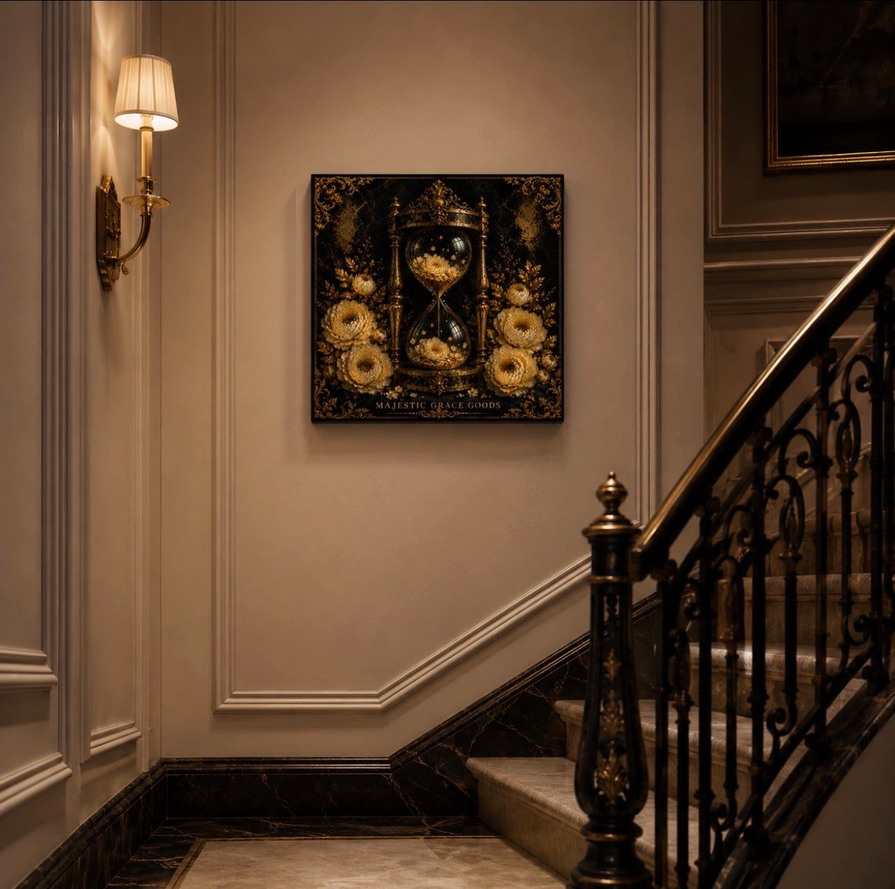 Golden Hourglass Floral Canvas Wall Art, Black Gold Luxury Wall Decor, Ready to Hang Premium Canvas Art