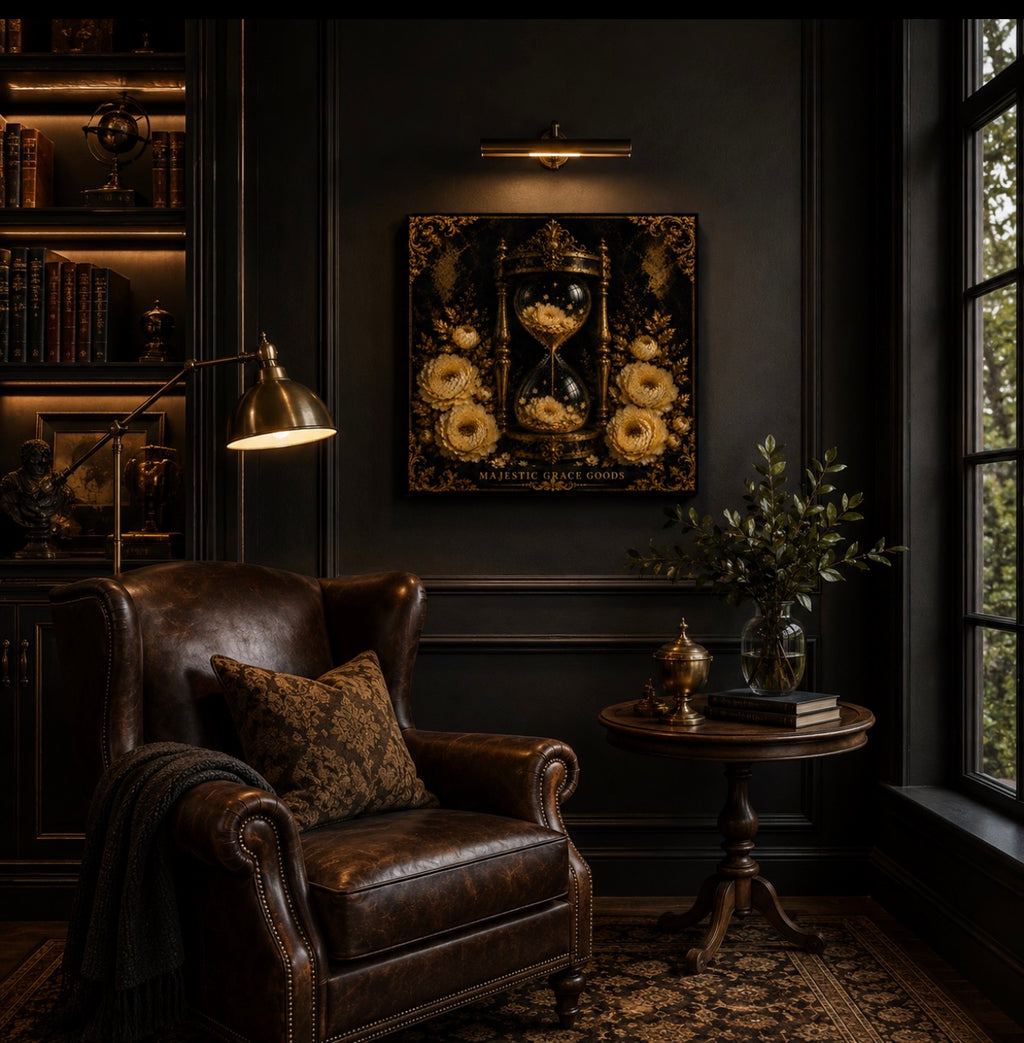 Golden Hourglass Floral Canvas Wall Art, Black Gold Luxury Wall Decor, Ready to Hang Premium Canvas Art
