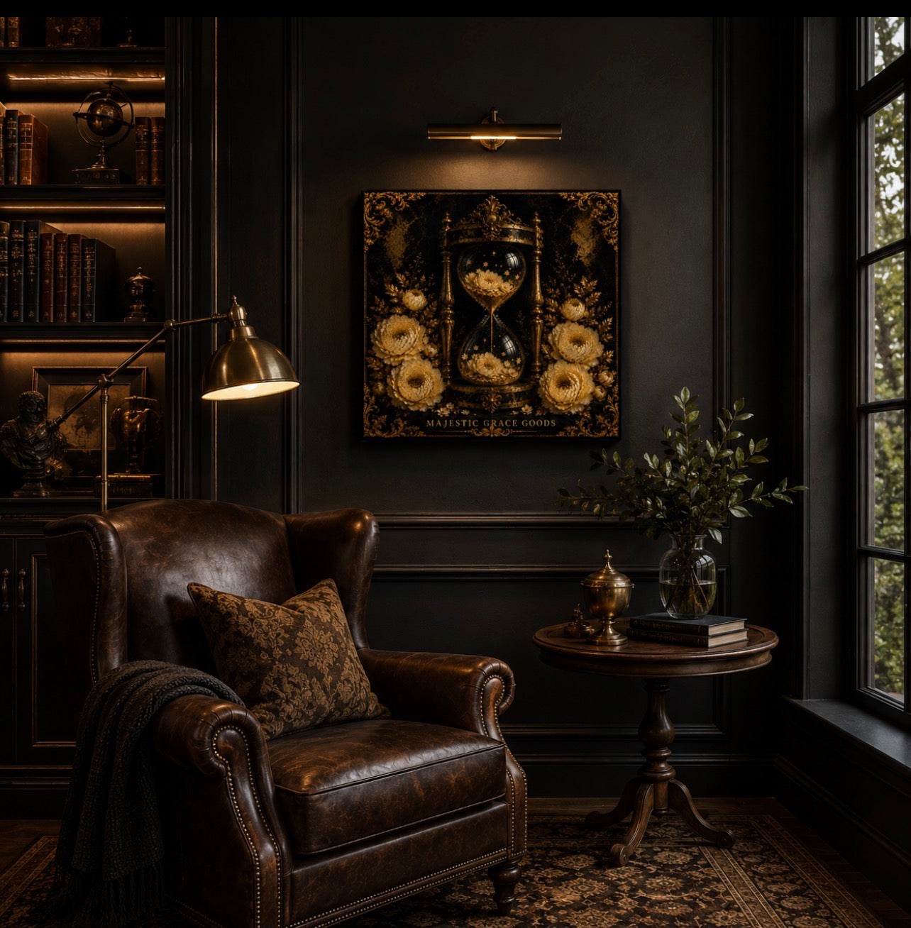 Golden Hourglass Floral Canvas Wall Art, Black Gold Luxury Wall Decor, Ready to Hang Premium Canvas Art