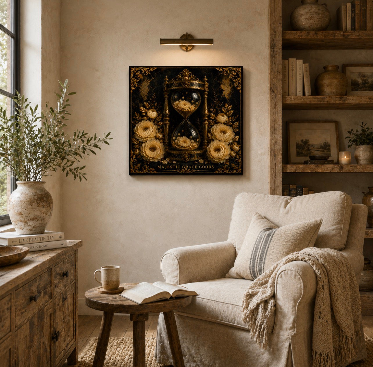 Golden Hourglass Floral Canvas Wall Art, Black Gold Luxury Wall Decor, Ready to Hang Premium Canvas Art