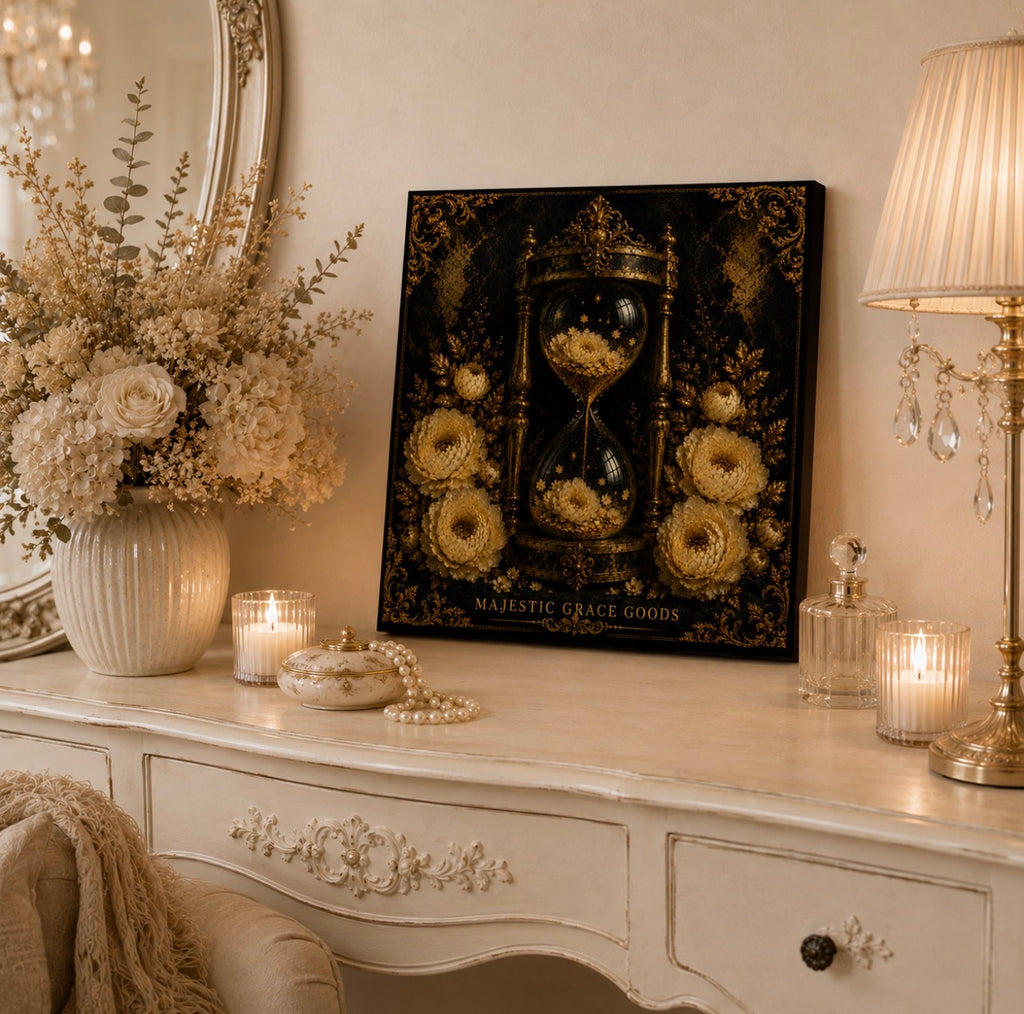 Golden Hourglass Floral Canvas Wall Art, Black Gold Luxury Wall Decor, Ready to Hang Premium Canvas Art