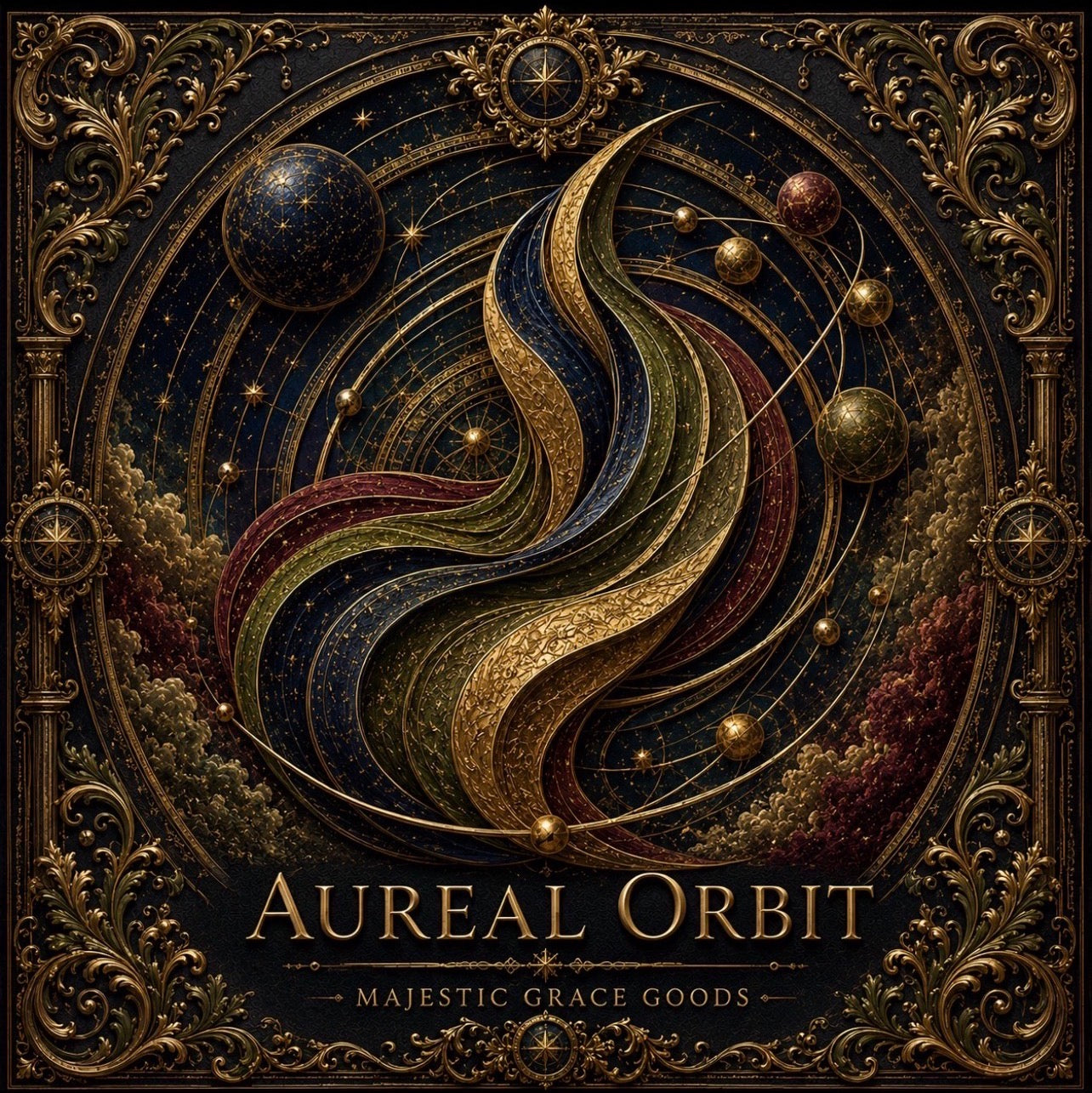 Aureal Orbit Celestial Canvas Wall Art, Luxury Square Galaxy Wall Decor, Dark Academia Gold Astronomy Art