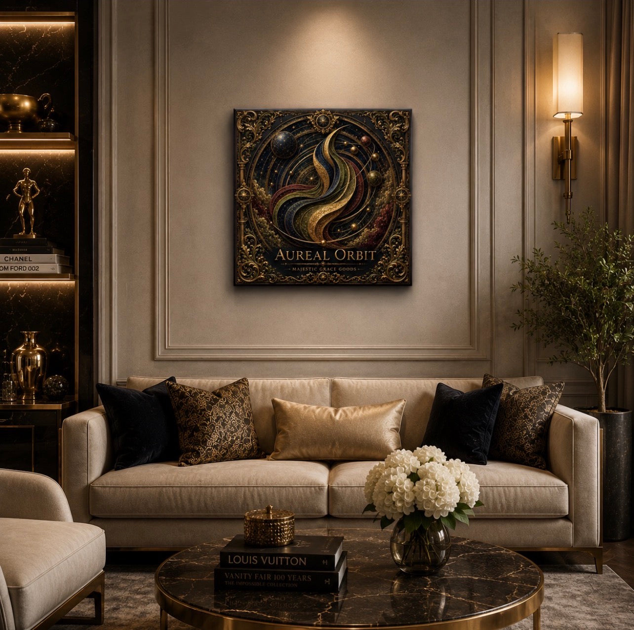 Aureal Orbit Celestial Canvas Wall Art, Luxury Square Galaxy Wall Decor, Dark Academia Gold Astronomy Art