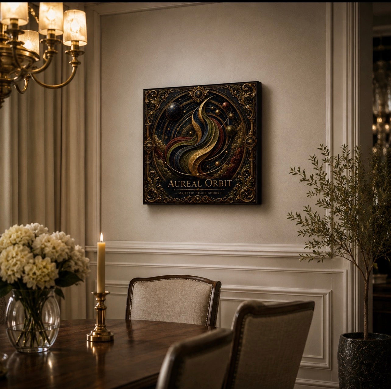 Aureal Orbit Celestial Canvas Wall Art, Luxury Square Galaxy Wall Decor, Dark Academia Gold Astronomy Art