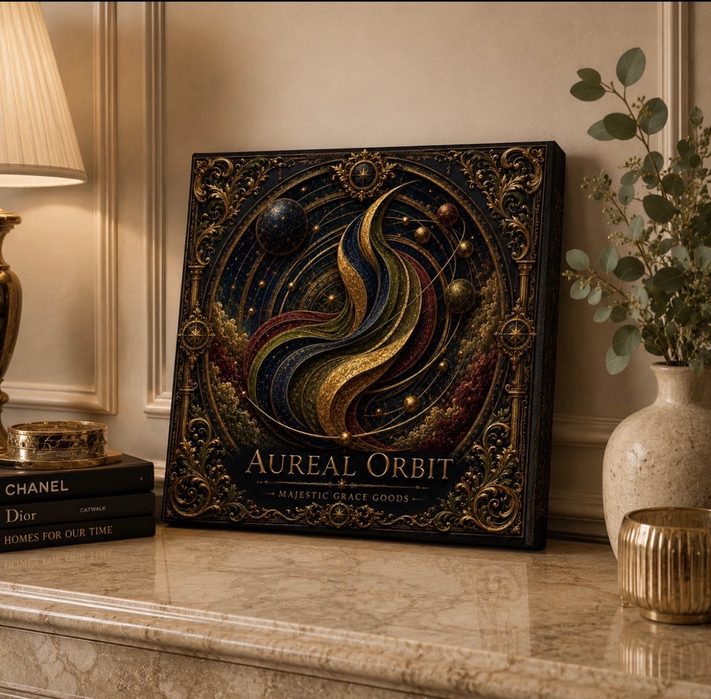 Aureal Orbit Celestial Canvas Wall Art, Luxury Square Galaxy Wall Decor, Dark Academia Gold Astronomy Art