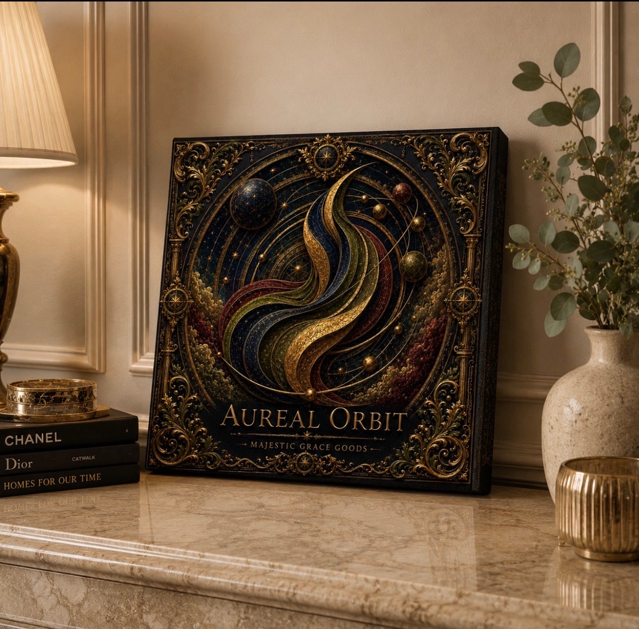 Aureal Orbit Celestial Canvas Wall Art, Luxury Square Galaxy Wall Decor, Dark Academia Gold Astronomy Art