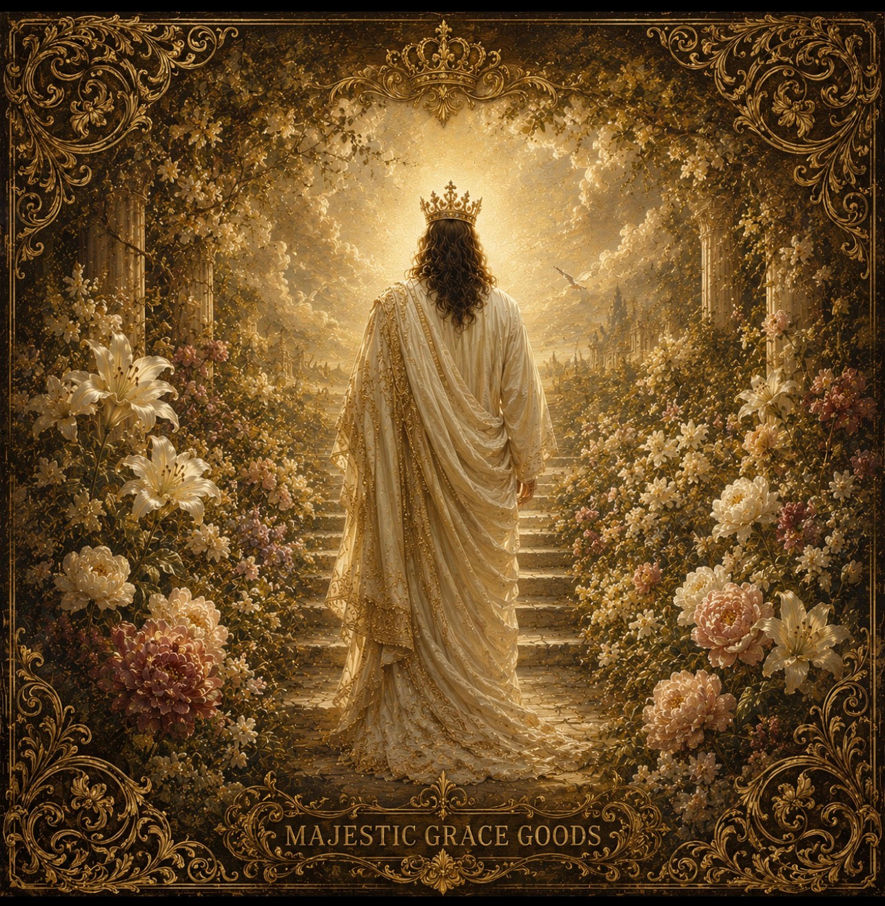 Heavenly Garden of Grace, Sacred Jesus Canvas Wall Art, Crowned Christ Floral Christian Decor, Ready to Hang