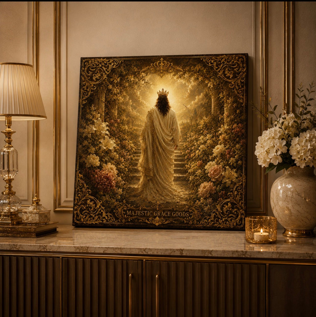 Heavenly Garden of Grace, Sacred Jesus Canvas Wall Art, Crowned Christ Floral Christian Decor, Ready to Hang