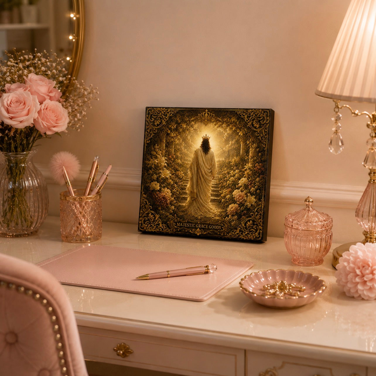 Heavenly Garden of Grace, Sacred Jesus Canvas Wall Art, Crowned Christ Floral Christian Decor, Ready to Hang