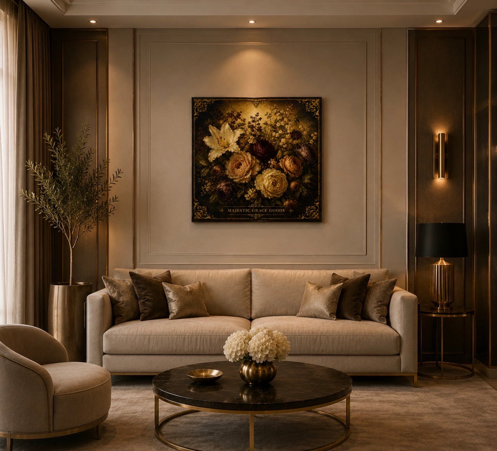 Vintage Floral Canvas Wall Art, Ivory Lily Burgundy Flowers, Antique Gold Botanical Ready to Hang Canvas