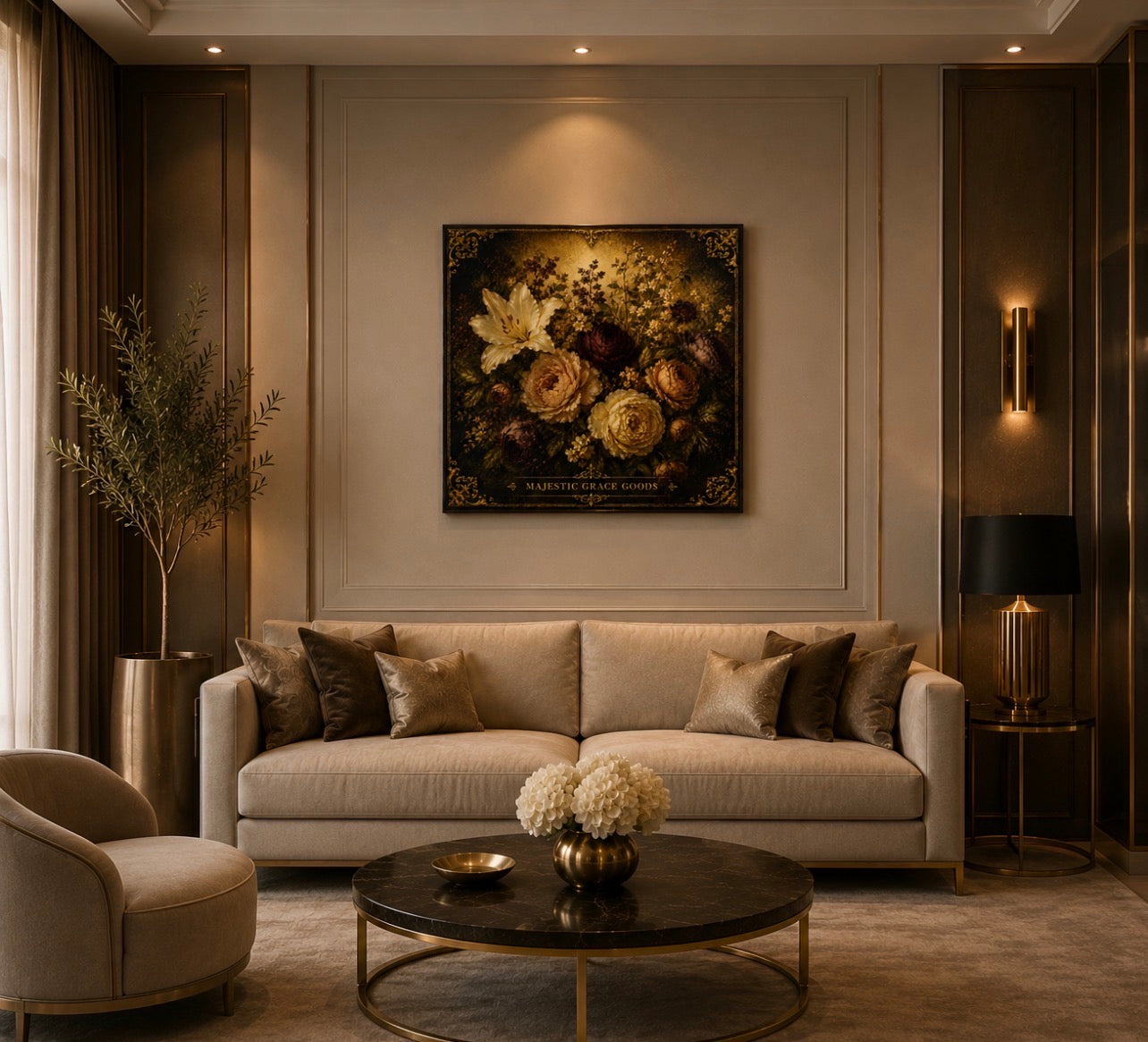 Vintage Floral Canvas Wall Art, Ivory Lily Burgundy Flowers, Antique Gold Botanical Ready to Hang Canvas