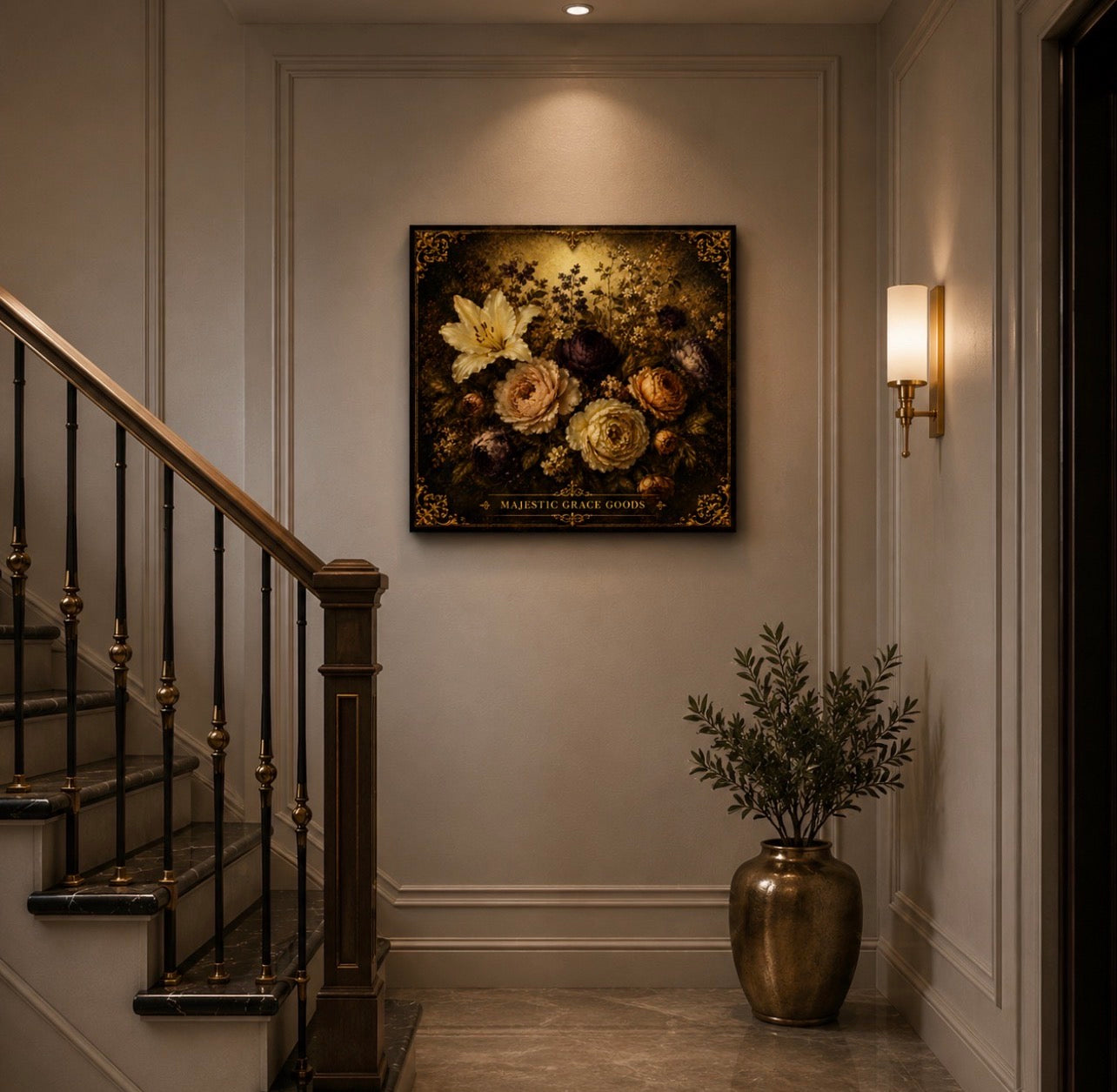 Vintage Floral Canvas Wall Art, Ivory Lily Burgundy Flowers, Antique Gold Botanical Ready to Hang Canvas
