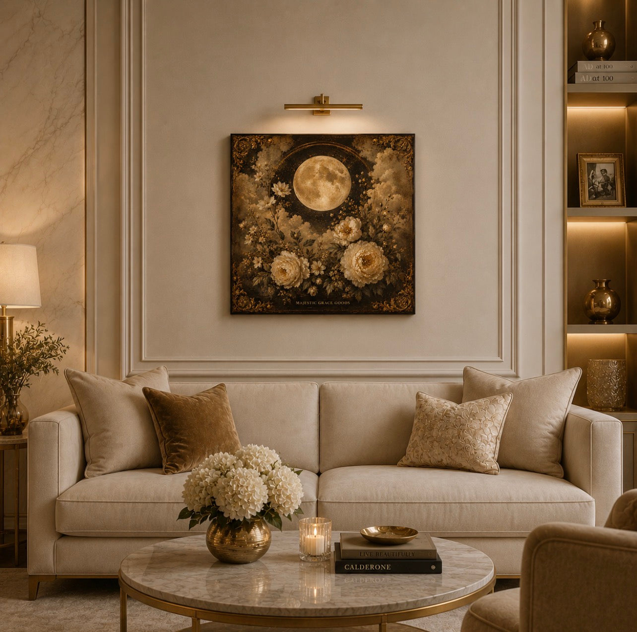 Moonlit Floral Canvas Wall Art, Vintage Gold Moon Botanical Decor, Luxury Ready to Hang Square Canvas